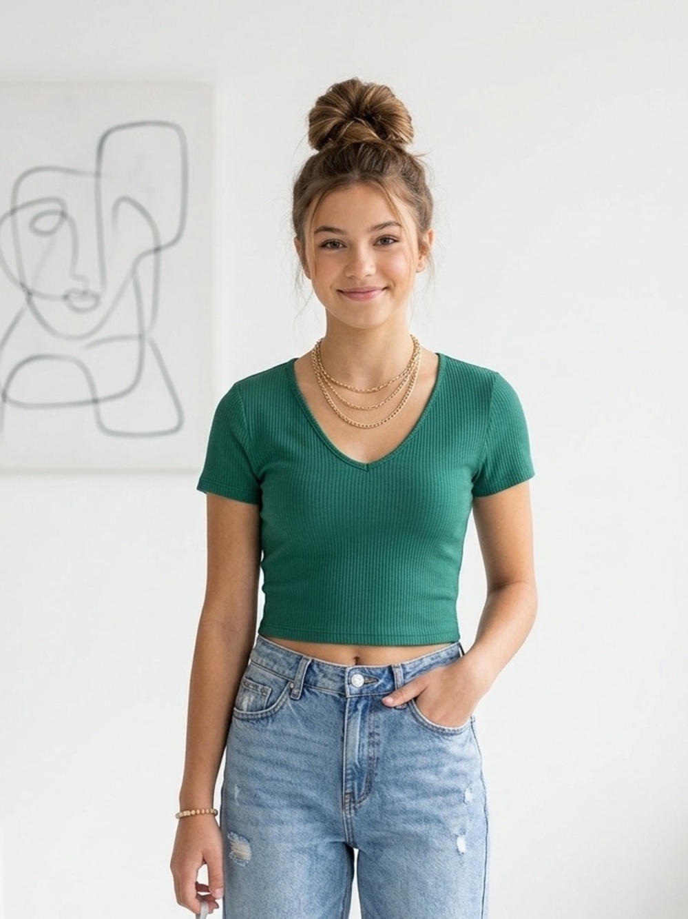 Green SHEIN V-Neck Ribbed Women's crop Top
